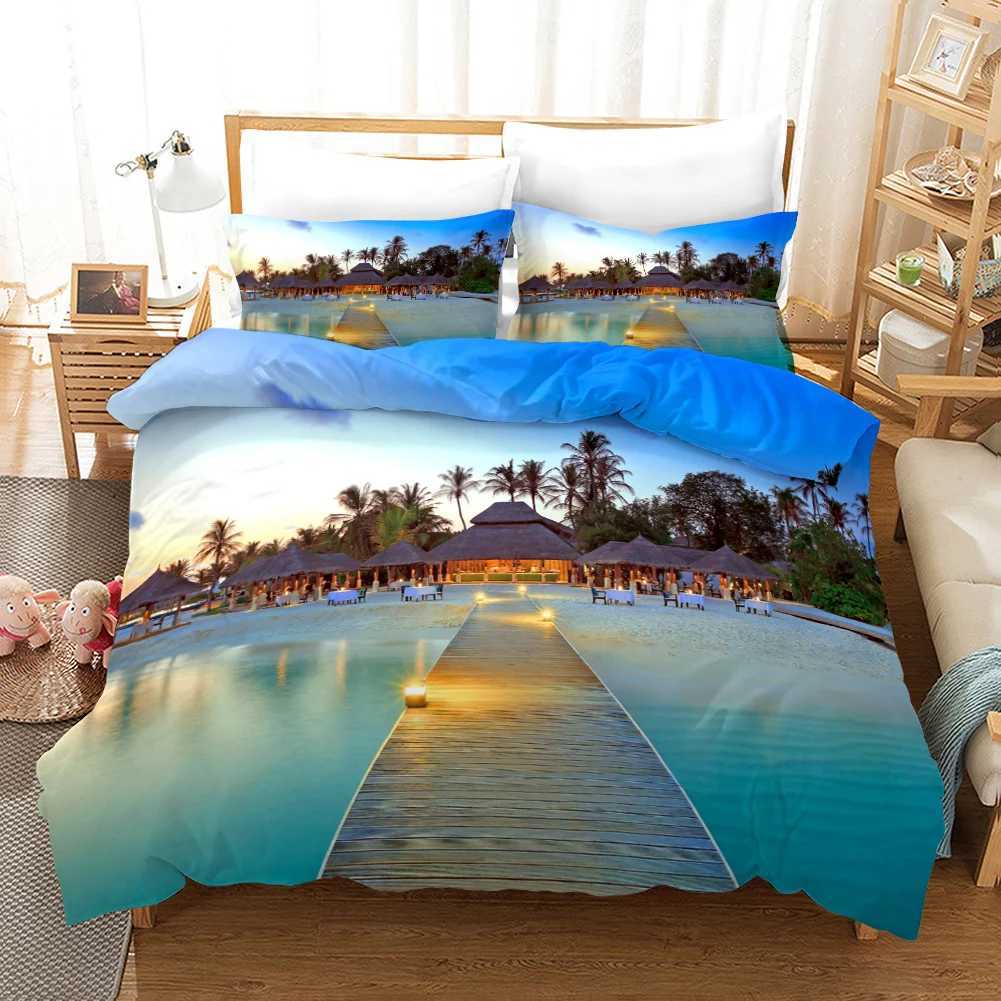 Beach Duvet Cover Set Polyester Tropical Island with The Palm Tree and Sea Beach Nature Theme Double Queen King Size Quilt Cover Y250819