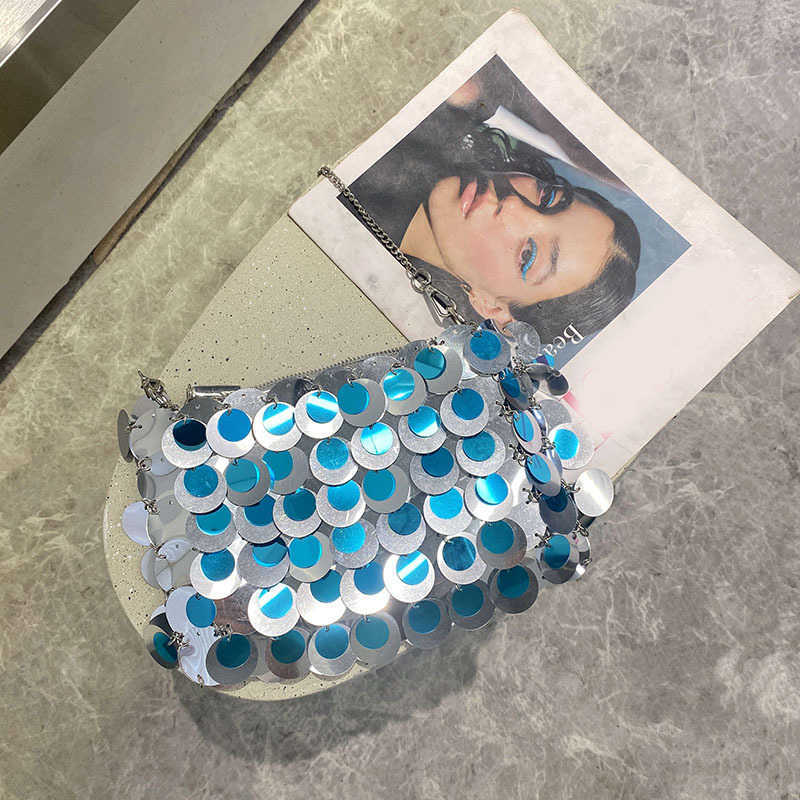 Fresh Beach Style Shiny Sequin Bag Handwoven Metal Chain Small Square Phone Bag Underarm Crossbody Bag