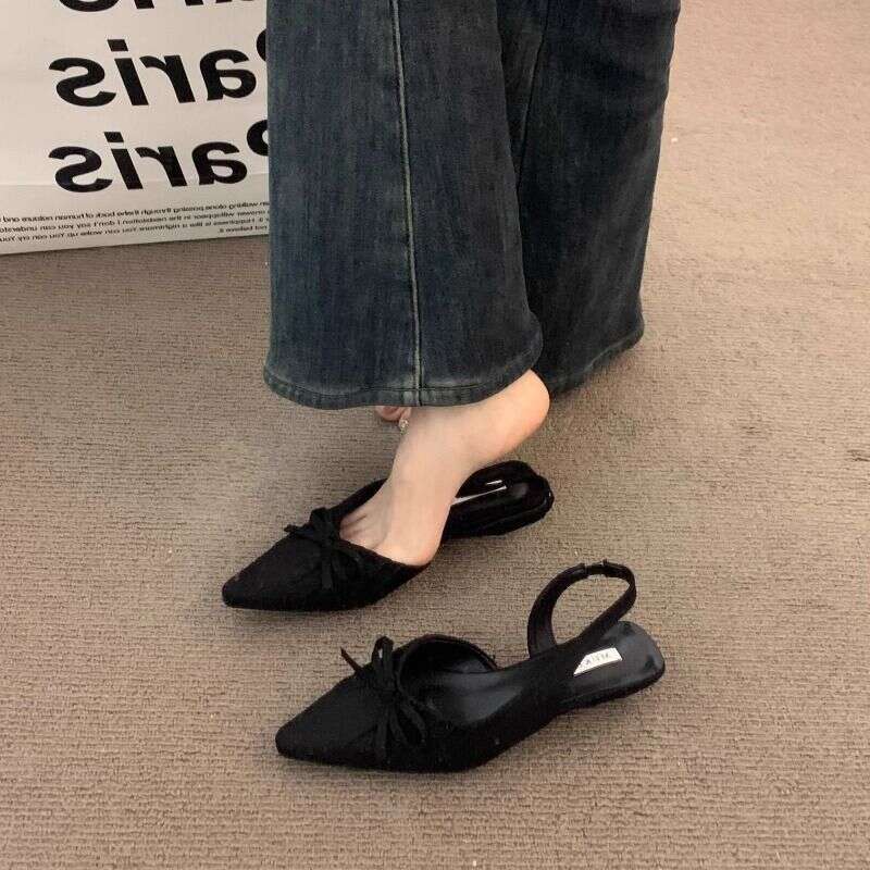 Wedge Backless Shallow Mouth Versatile Fashion Stylish Pointed Toe Ruched Bowknot Closed-Toe Sandals for Women 2025 Summer