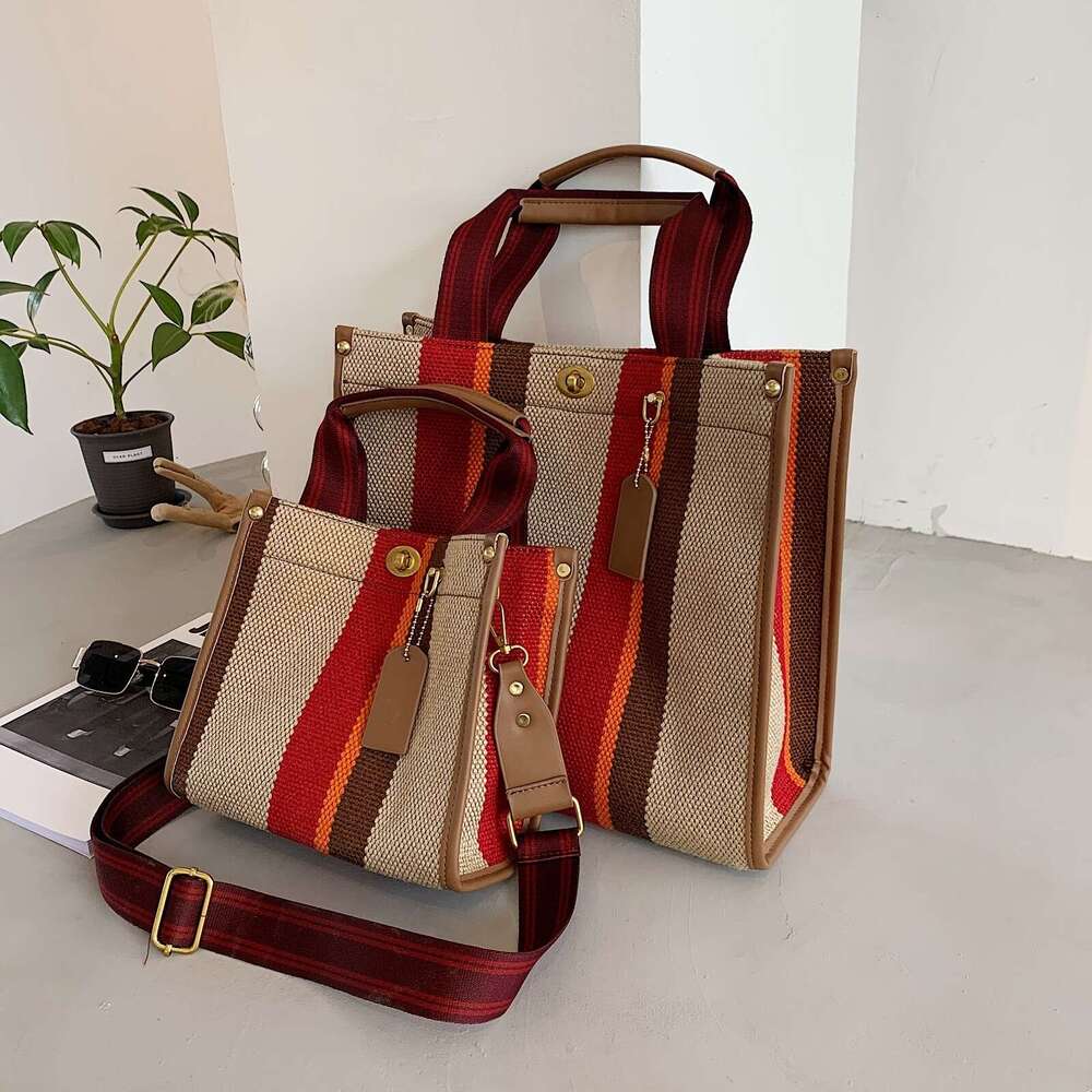 2025 New Women's Handbag Tote Bag Trendy Canvas Striped Student Shoulder Crossbody Backpack