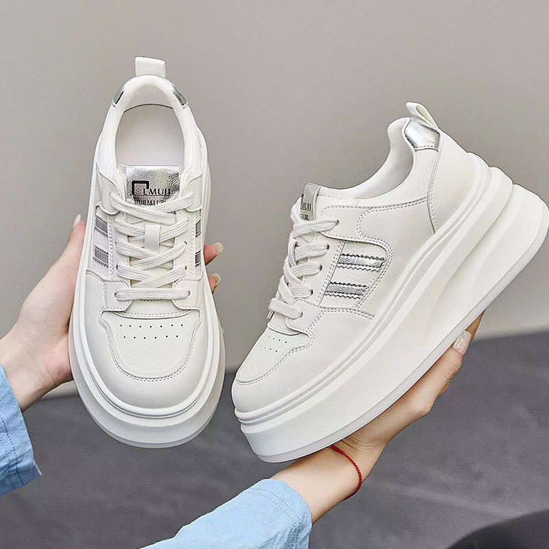 Genuine White Sneakers for Women 2025 New Korean Style Versatile Thick-Soled Height-Increasing Loafers Platform Sports Ultra-Soft Leather Board Shoes