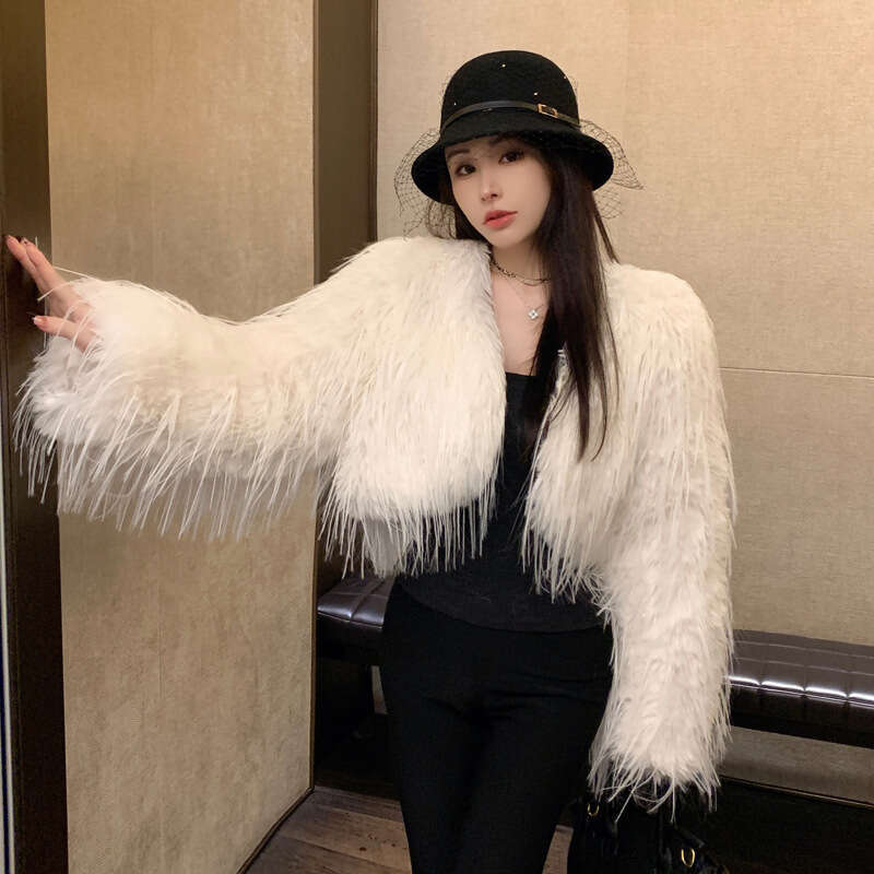 Casual Tassel Faux Fur Coat Clothes Female Patchwork Solid Scoop Neck High Street Long Sleeve Jacket Women Fur Feather New