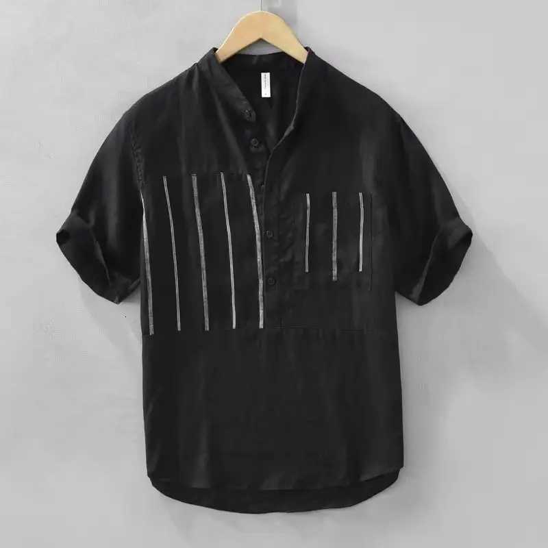 Fashionable Simple Short-sleeved Shirt Summer New Stand Collar Trendy Striped Spliced casual and Versatile Handsome Top Y250819