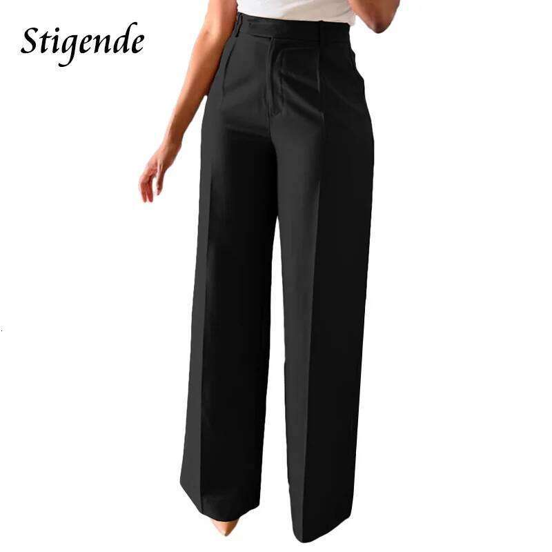 Stigende Wide Leg Straight Dress with Pocket Women Plain Color Business Casual Pants Loose Fit Midi Waist Office Trousers