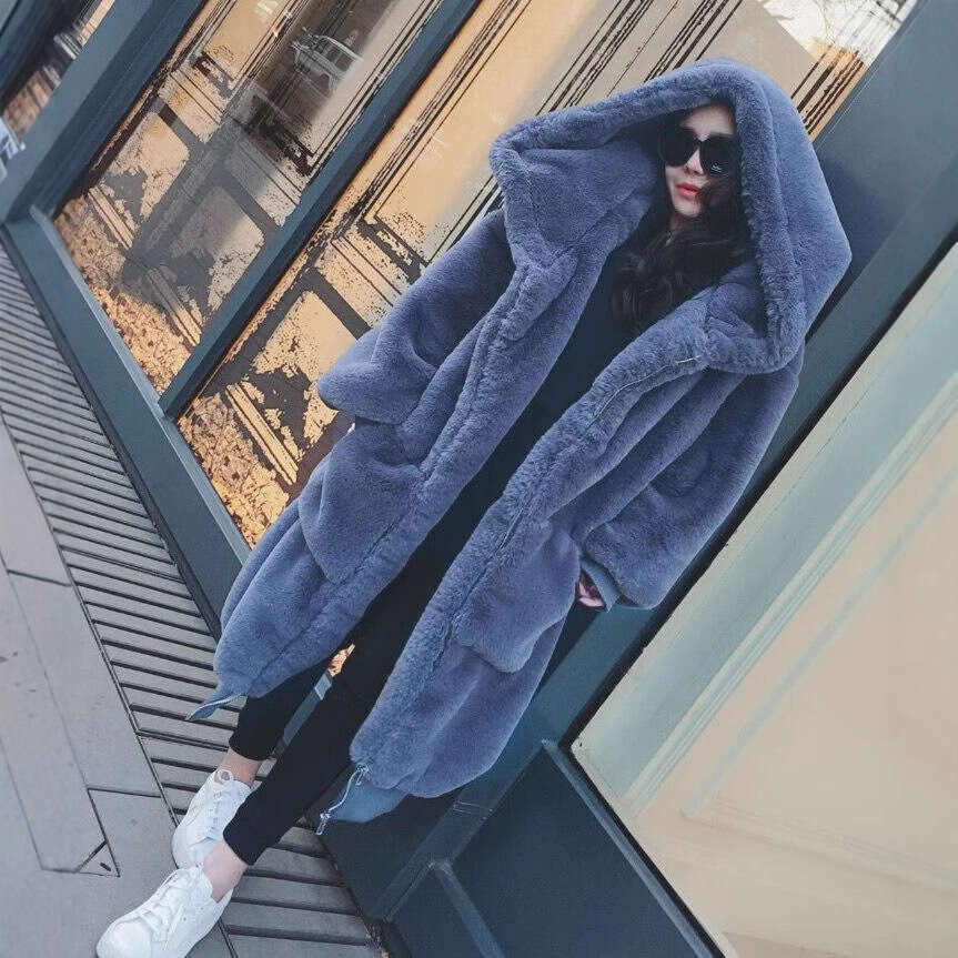 Women's Hooded Faux Fur Coat, Mid Length Coats, Loose Plush, Thickening, Warm, Casual, Fashion, Autumn, Winter, New, 2025