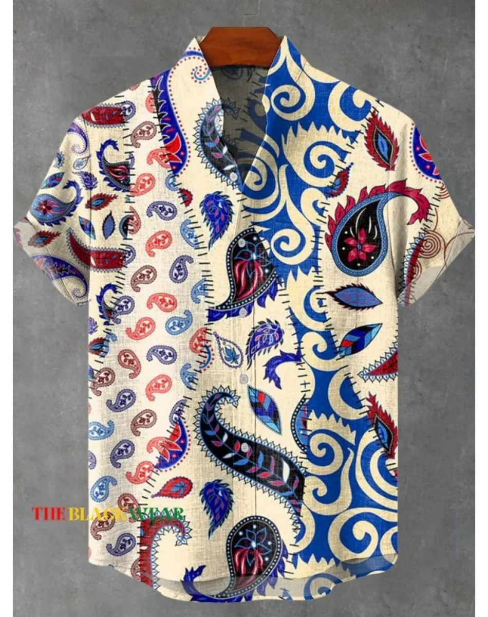 mens fishpattern shortsleeved shirt Summer vintage linen Mens casual resort streetwear Hawaiian 250808