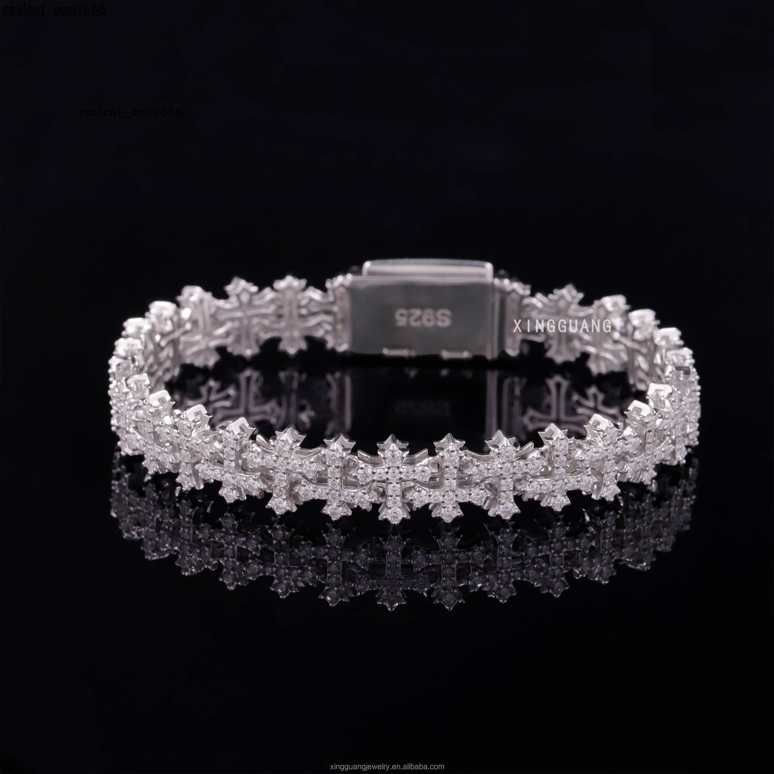 Fashion Best Selling Prong Setting 18k White Gold Plated Iced Out Jewelry Moissanite Diamond Hip Hop Cross Cuban Link Bracelet