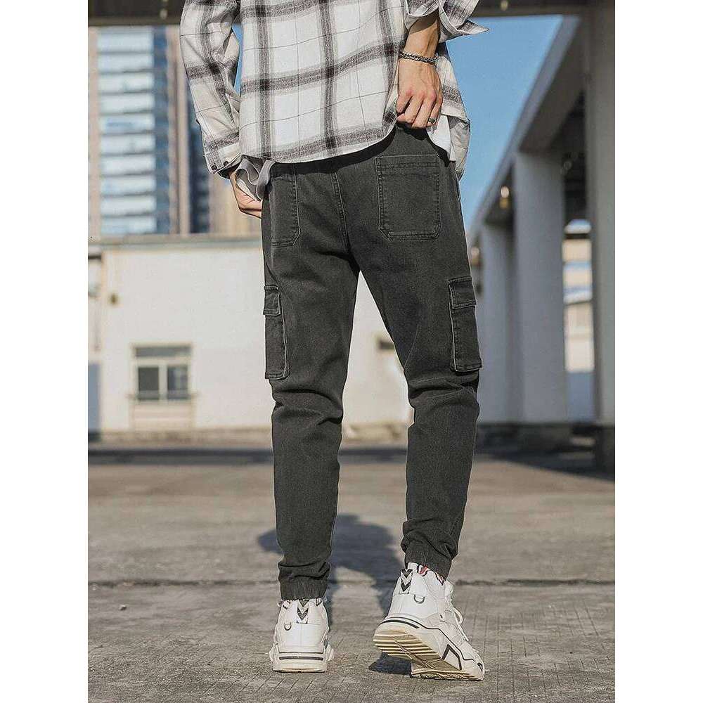 Spring Autumn Men's Jeans Multi-Pockets Work Wear Cargo Pants Black Blue Elastic Waist Denim Joggers Big Size Jean Trousers 8XL