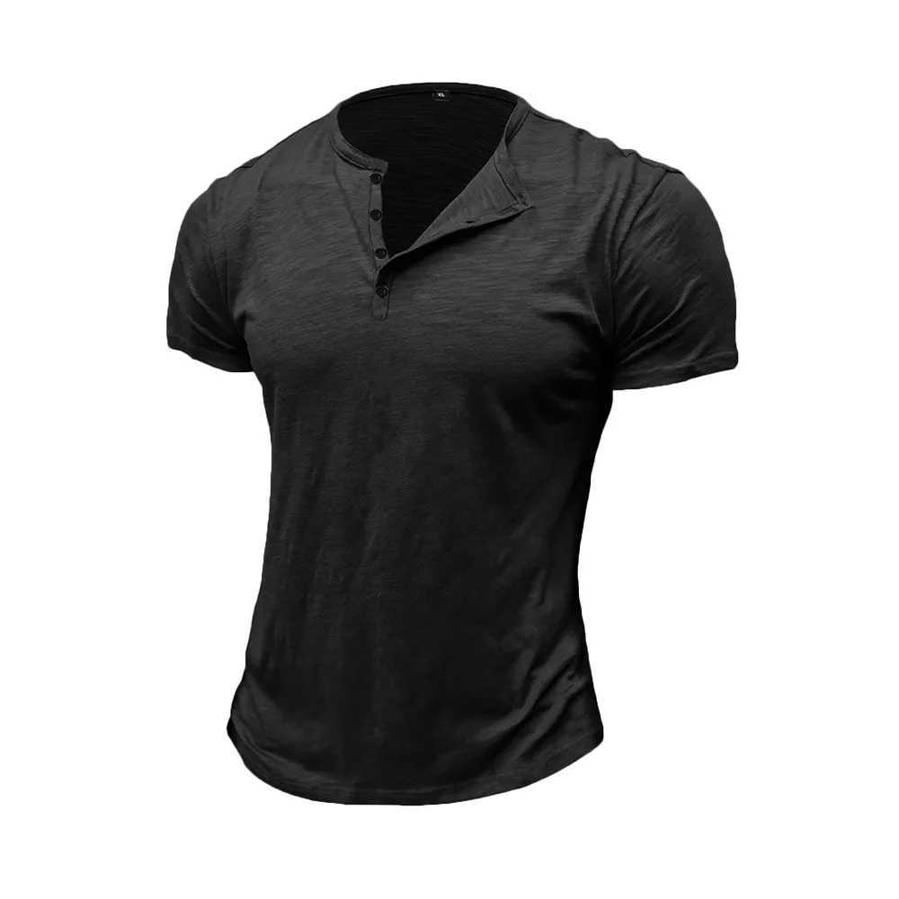 Summer Mens Cotton T-shirt Short-sLeeve Henley Collar Casual Solid Color Button Tees Male Cozy T-shirts Y250819
