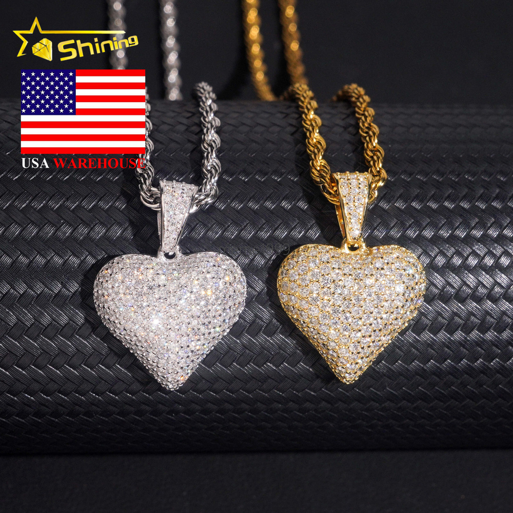 Fine Jewelry VVS Moissanite Heart Shape Pendant 925 Sterling Silver USA Warehouse Fully Iced Out Moissnaite Charm Pendant