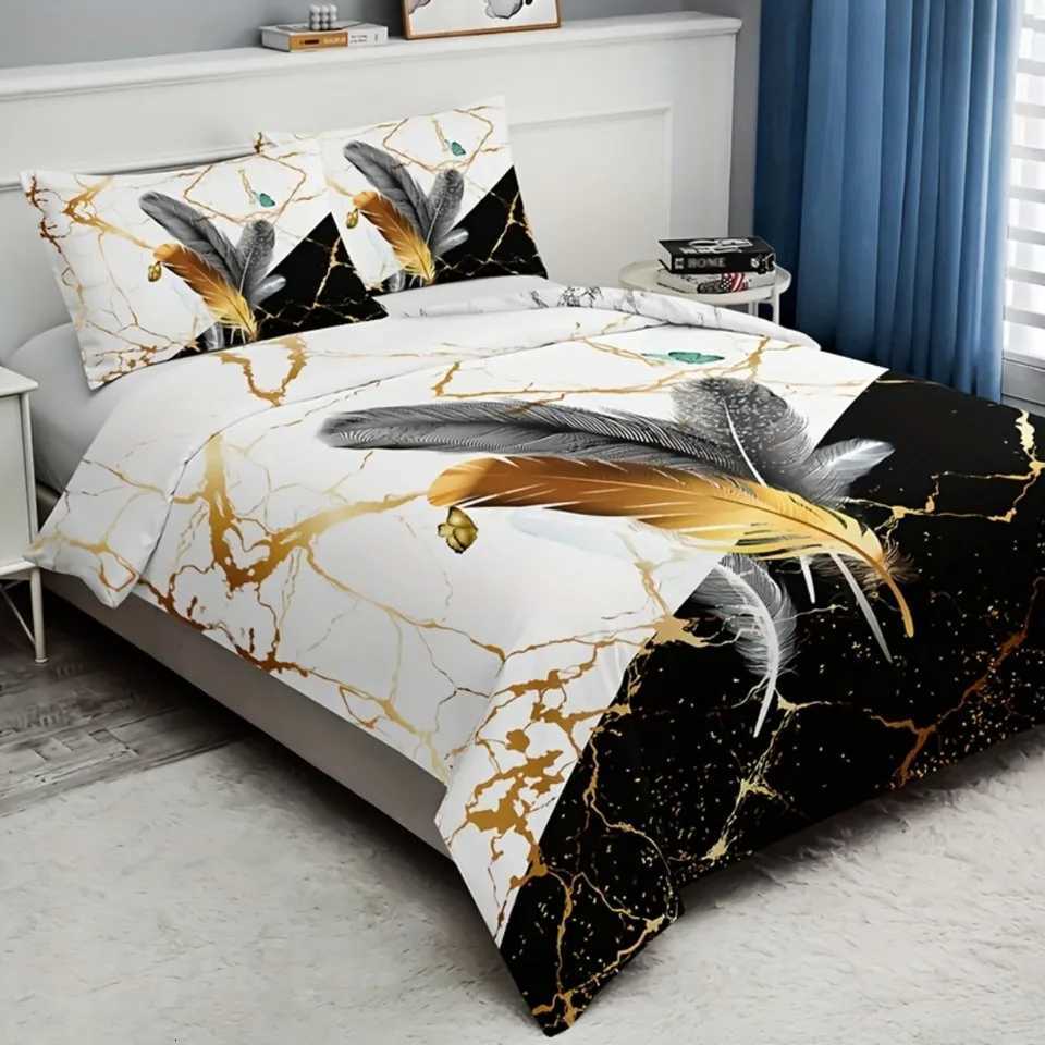 Fashion Bronzing Marble Feather 3D Printed Bedding Set Comfortable Duvet Cover King Queen Single Size Bithday Gift for Sister Y250819