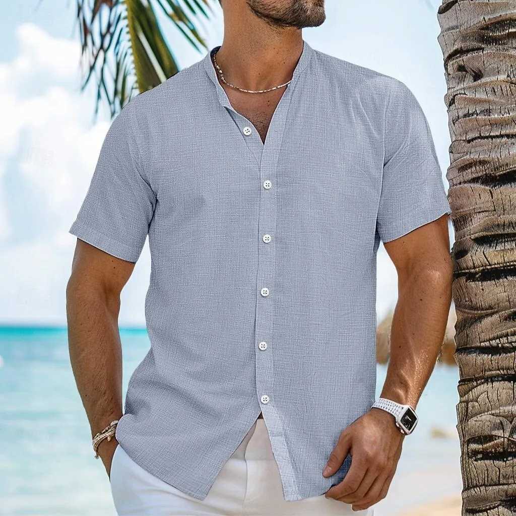 Mens shirt linen stand collar shirt beachwear solid color vacation short sleeve shirt summer clothing fast delivery Y250819