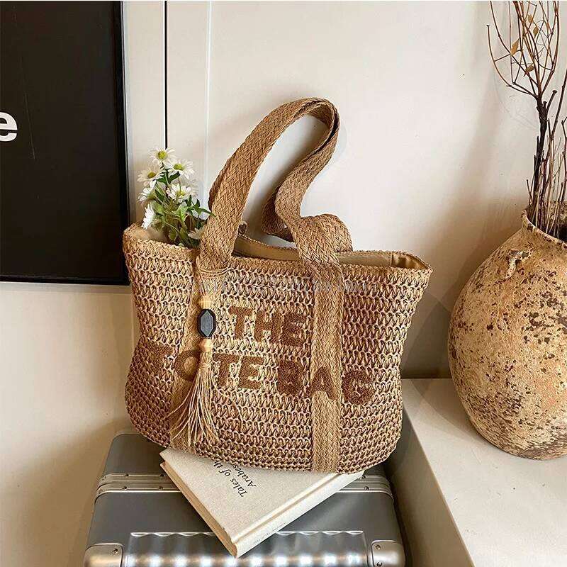 Summer Fashion Women's Large Capacity Shoulder Straw Woven Letter Embroidery Handbag Casual Female Tote Bag Beach Bags