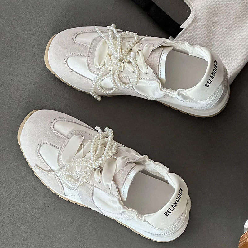 Korean Style Beaded Bowknot German Training for Women 2025 Summer New Breathable Soft Sole Campus Sports Forrest Gump Shoes