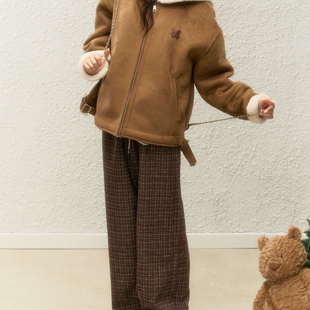 Fleece Collar Khaki Suede Jacket Women 2025 Autumn Winter Thick Warm Zipper Short Jacket Korean Y2K Faux Leather Coat Outerwears