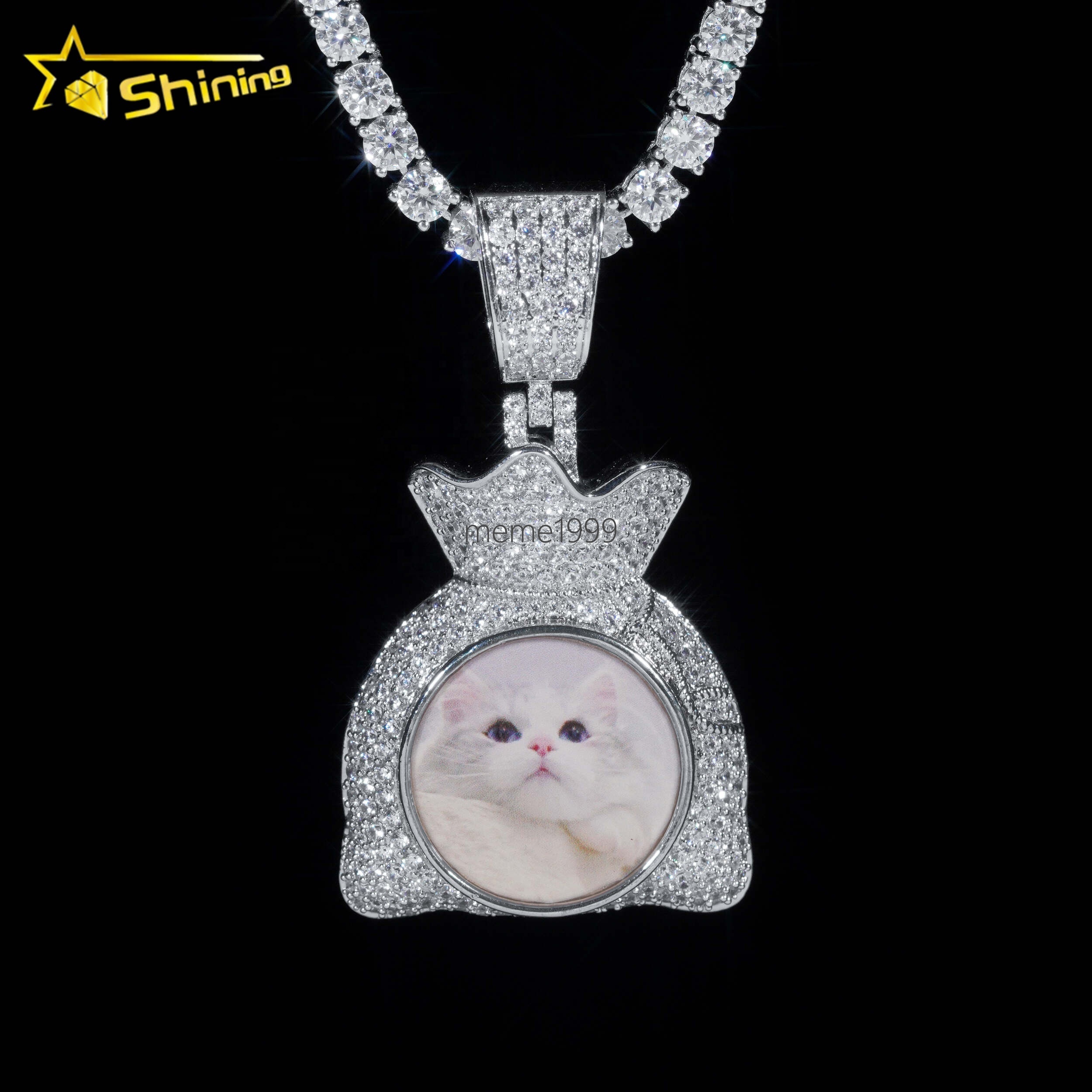 Top Quality 925 Silver Money Bag Memory Custom VVS Moissanite Diamond Picture Pendant