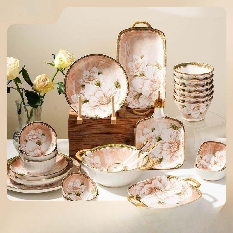 Household Camellia Ceramic Bowl Chopsticks High Aesthetic Underglaze Kitchenware Dining Essentials Outdoor Living Room Tableware