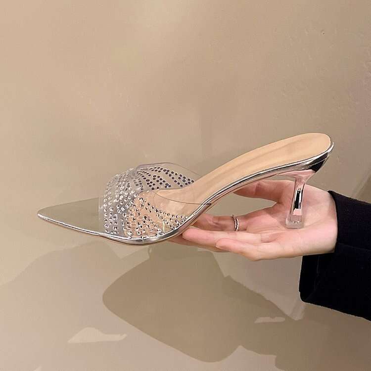 Transparent Rhinestone Stiletto Sandals 2025 Plus Size 35-42 Spring Summer New Solid Color Square Designer Toe High Heel Slippers for Women