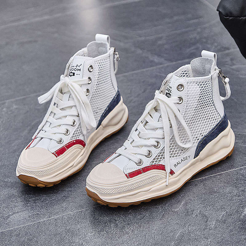 2025 New Genuine Leather High-Top for Women Summer Fashion Hole Ins Versatile Breathable Casual Women's Shoes