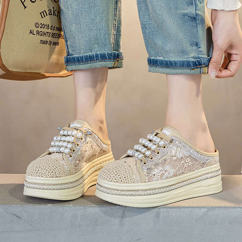 2025 Summer New Rhinestone Thick-Soled Lace Mesh Closed-Toe Half Slippers for Women Slip-On Breathable Fisherman Shoes