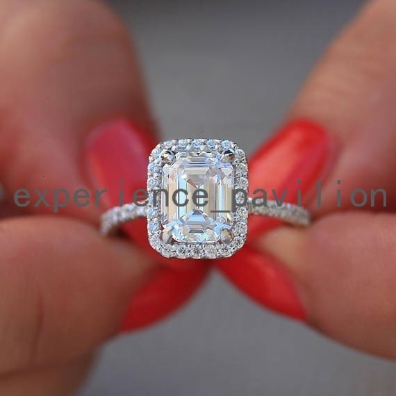Classic 2ct 6x8mm 14K White Gold Emerald Cut Moissanite Ring With Small Halo Engagement Ring