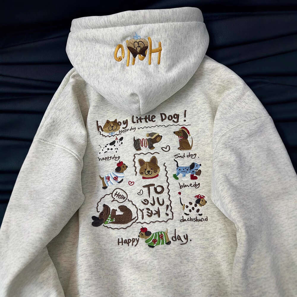 Cute Dachshund Puppy Print Hoodie for Women, Autumn and Winter Fleece-Lined, High-End Niche Ins Style, Casual Loose Jacket