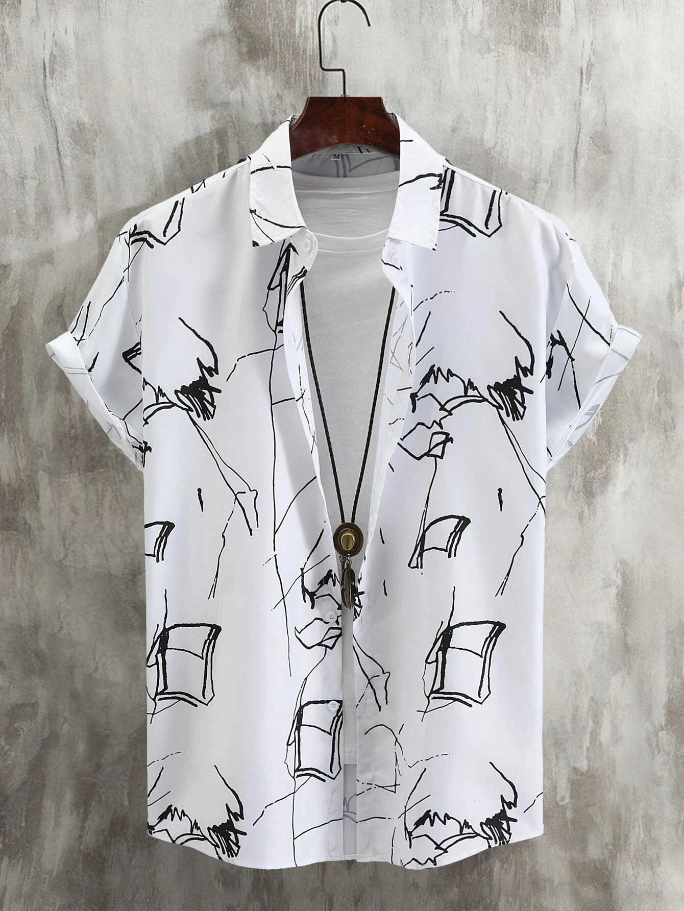 Line Drawing Design Graffiti Men Women Shirt Print Design Short Sleeve Shirt Fashion Button Short Sleeve Top Y250819