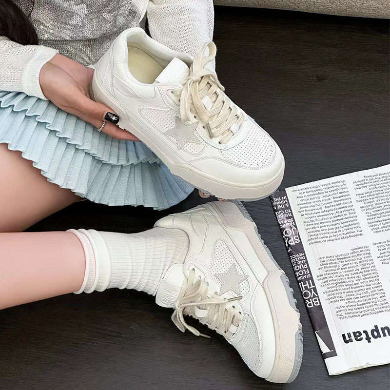 2025 New Genuine Leather Thick-Soled White Sneakers for Women Vintage Star Dirty Height-Increasing Sports Casual Board Shoes