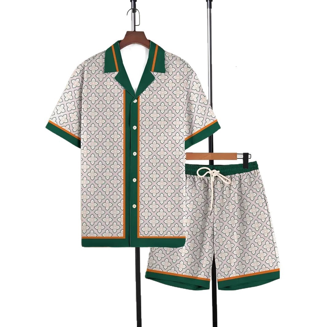 "2025 Designer Men's Wear" 2025 Cross-Border Trade New 3D Printed Geometric Pattern Men's Casual Hawaiian Style Shirt Set