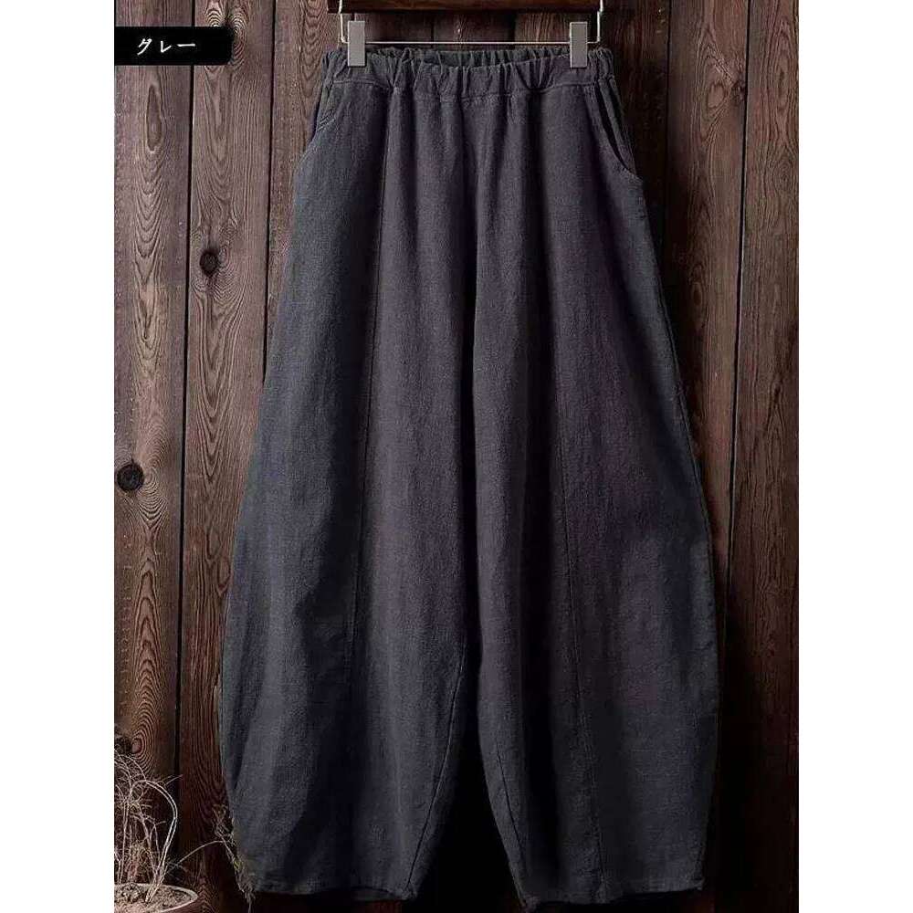 2024 Cotton Linen Bloomers Wide Leg Women Vintage Full Length Fashion Elegent Pants Solid Elasitic Waist Spring Autumn 5XL