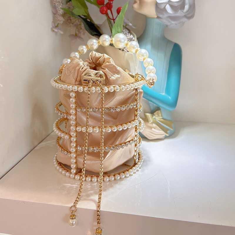 French Style Hollow Silk Satin Shiny Watercress Basket Banquet Pearl Bucket Handheld Crossbody Bag