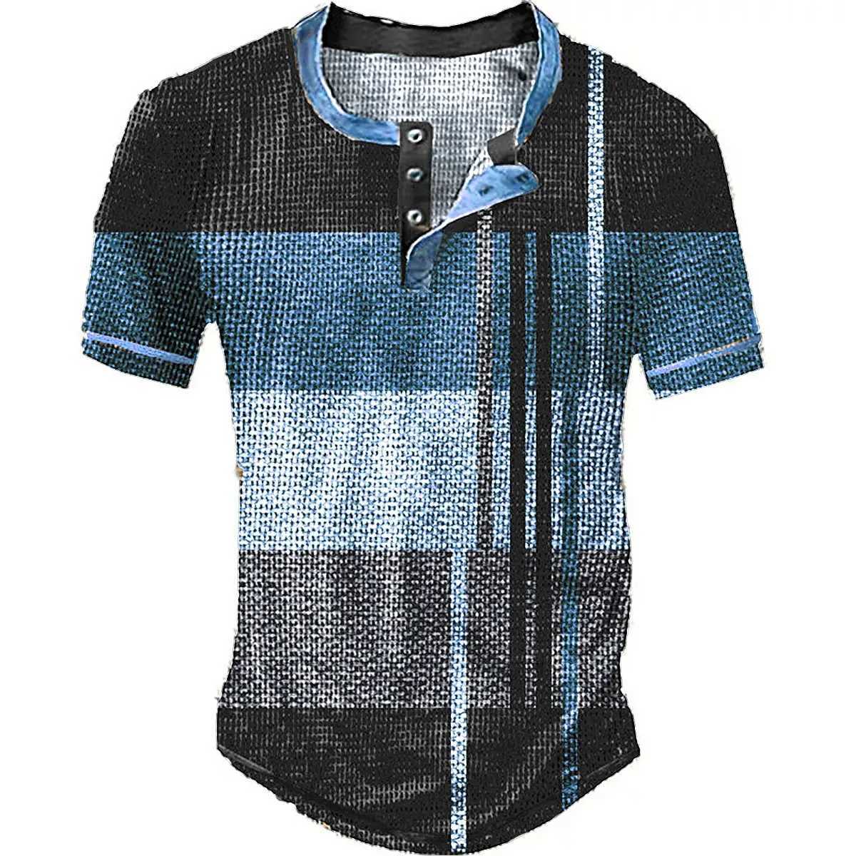 Striped Color Block 3D Printed Henley Shirts Mens Fashion Vintage Streetwear Button Short Sleeve T Shirt Tees Tops Man Clothing Y250819