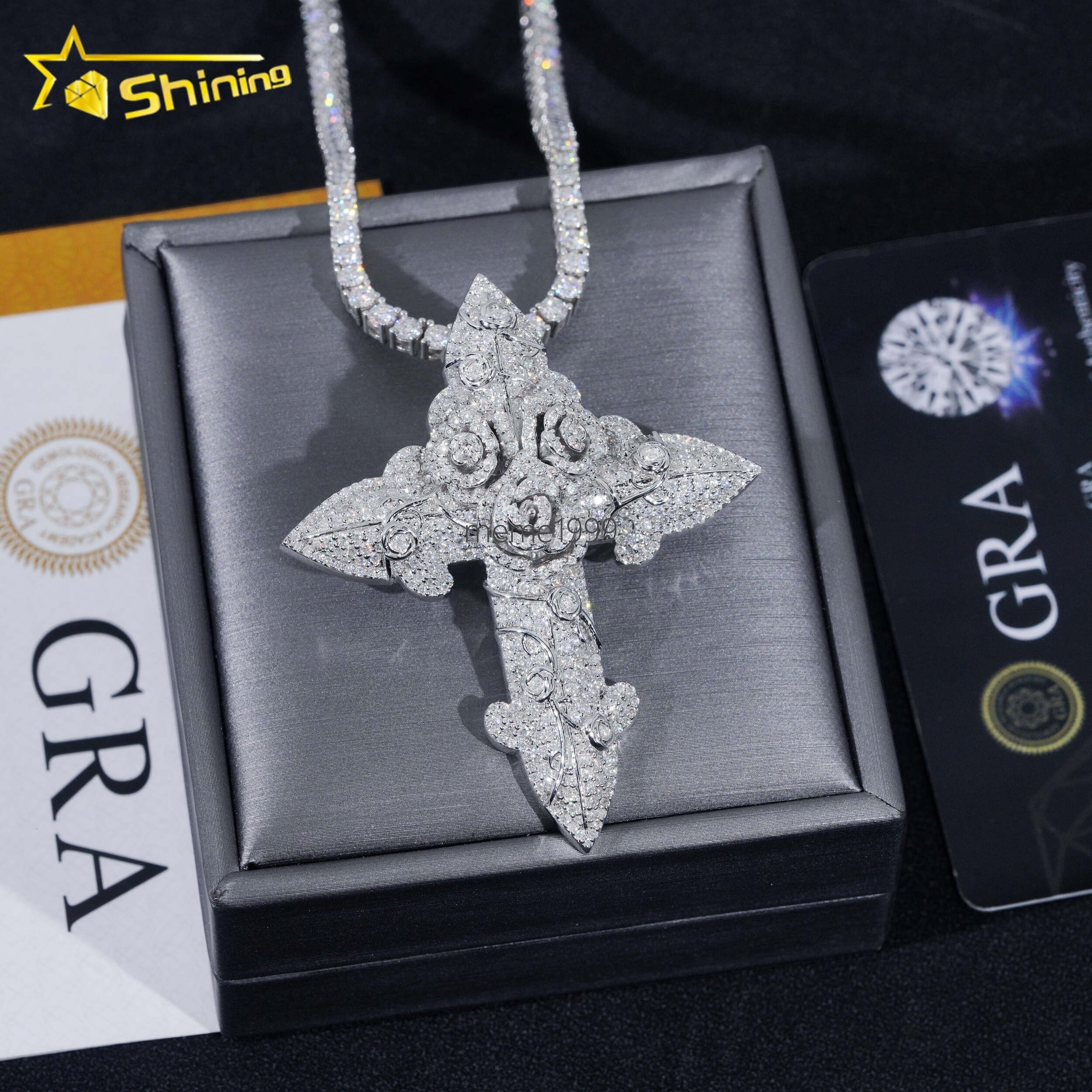 Hip Hop Style 3D Charms 925 Sterling Silver Solid 2.5 Tall Iced Out Custom Rose Cross Moissanite Pendant