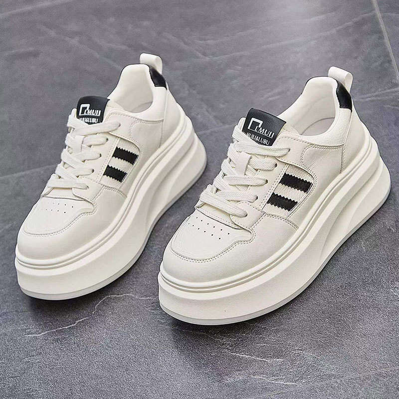 Genuine White Sneakers for Women 2025 New Korean Style Versatile Thick-Soled Height-Increasing Loafers Platform Sports Ultra-Soft Leather Board Shoes