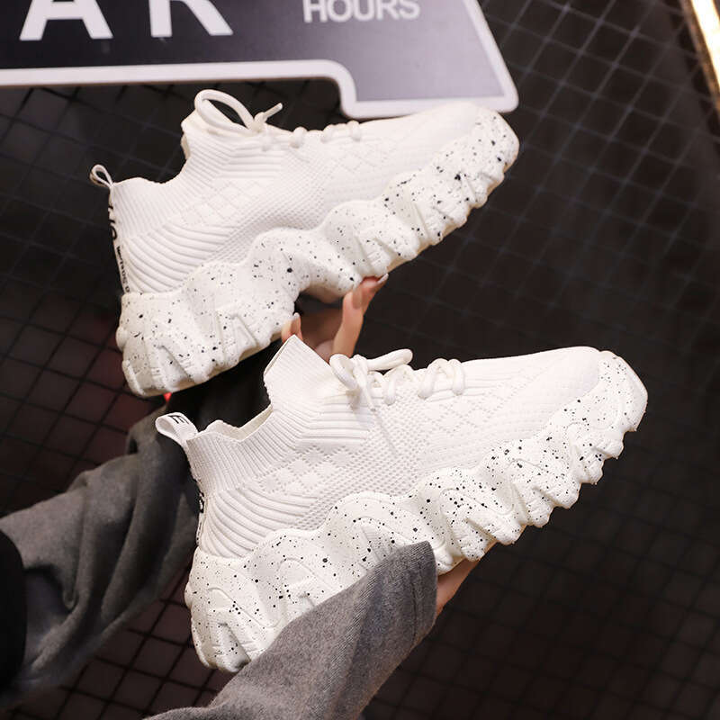 2023 Summer Dad Platform Thick Sole Single Women's Flyknit Breathable Elastic Socks Casual Sports White Shoes Trendy