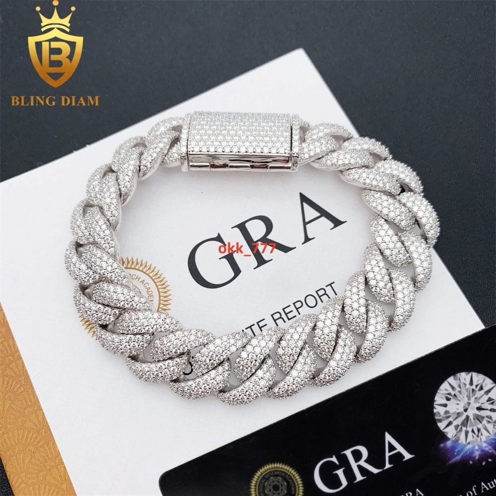 3 Row Iced Out Hip Hop 15mm Cuban Link Chain Bracelet Necklace 925 Sterling Silver VVS Moissanite Pass Diamond Tester