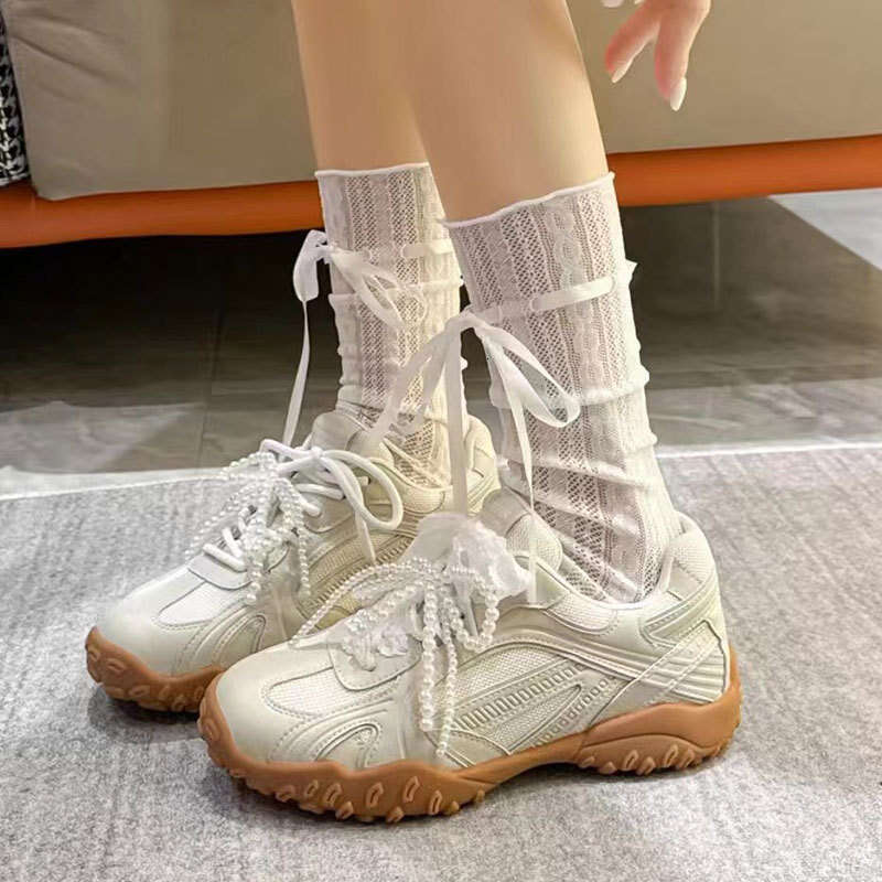 Grape Mom Same Style Age-Reducing Fashion Pearl Bow Round Toe Front Lace-Up Versatile Casual Forrest Gump Training Shoes for Women Spring