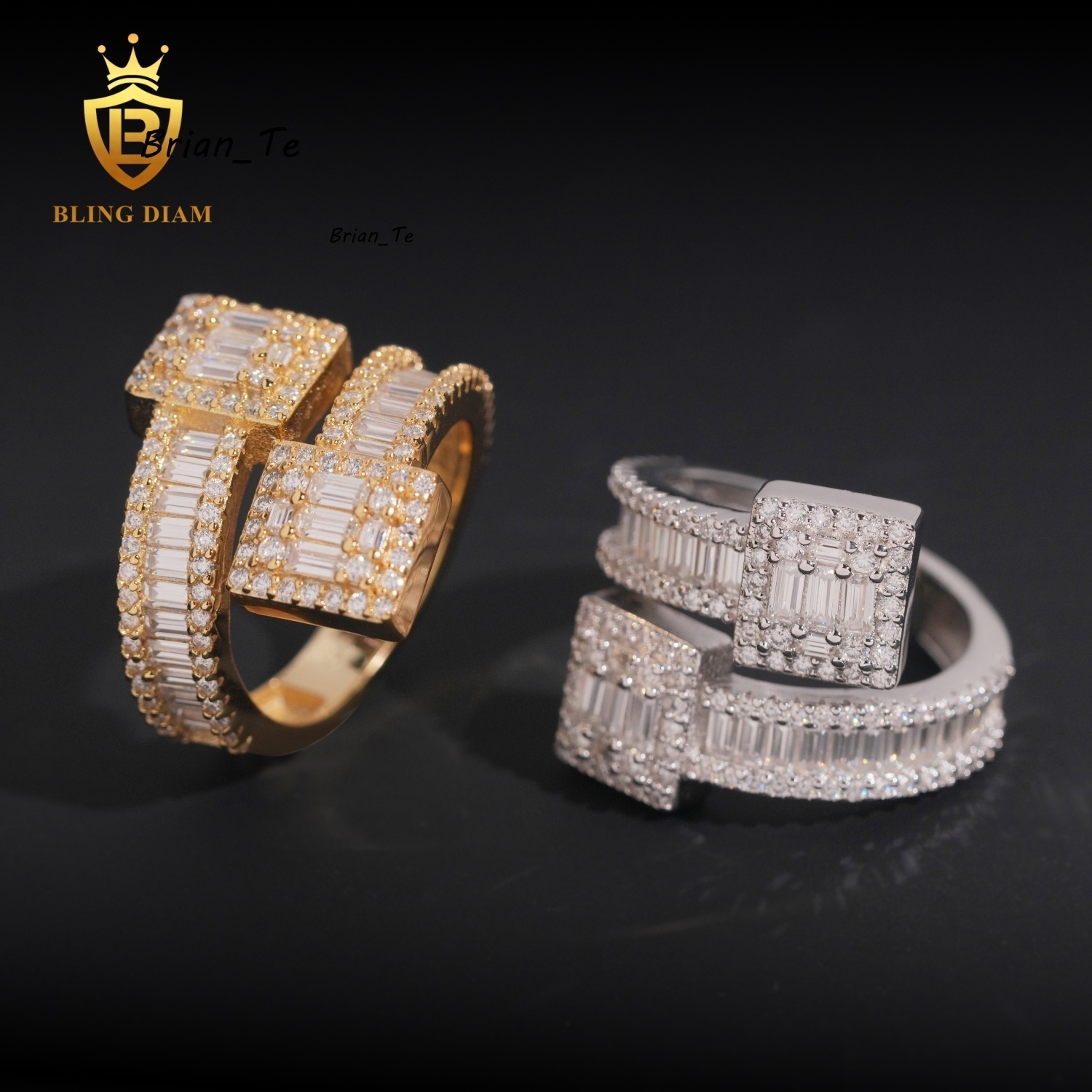 Hip Hop Jewelry 925 Sterling Silver Gold Plated VVS Full Moissanite Lab Grown Diamond Adjustable Open Square Ring for Men