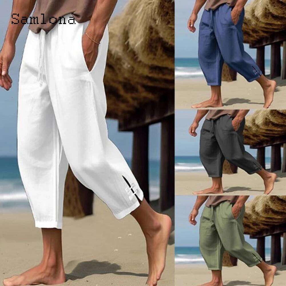 2023 Men Elegant Fashion Buckle Cuff Linen Pants Solid White Ankle-Length Trouser Plus Size Mens Casual Drawstring Sweatpants