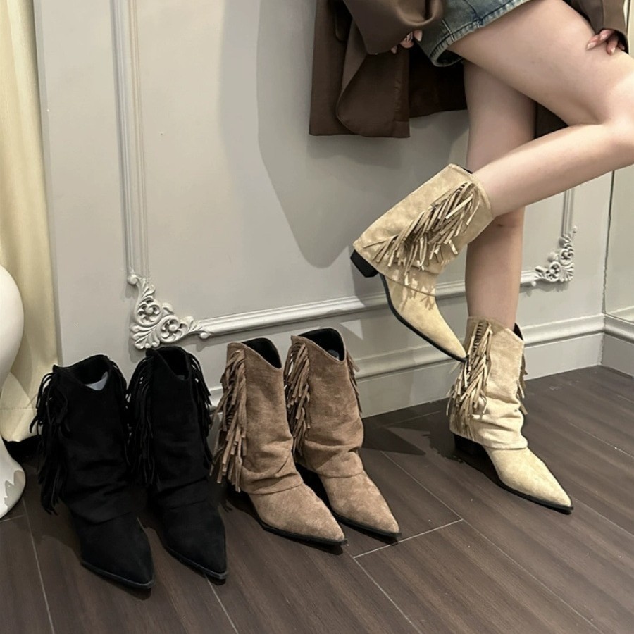 Real leather black grey pointed toe ankle for women 8 cm high heel fringe tassel short boots ladies bota feminina Y200115