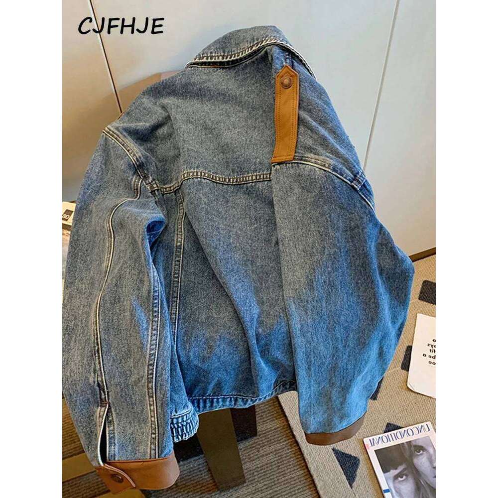 CJFHJE Blue Vintage Patchwork Jacket Women Chicly Fashion Korean Loose Female Jackets Haruku Zipper Casual Denim Coats
