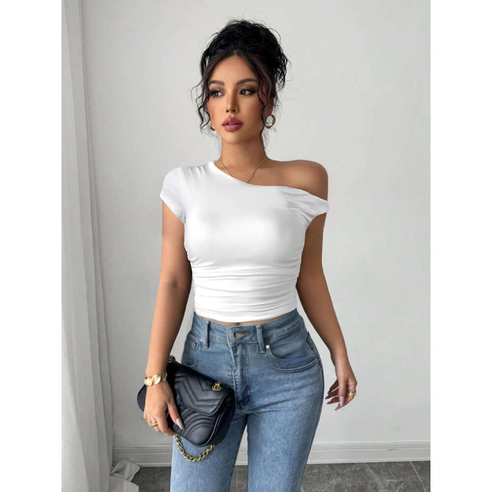 Summer New Style Asymmetrical Neck Sexy Sale Slimming Ruched Crop Top Hot Girl Women's Clothing