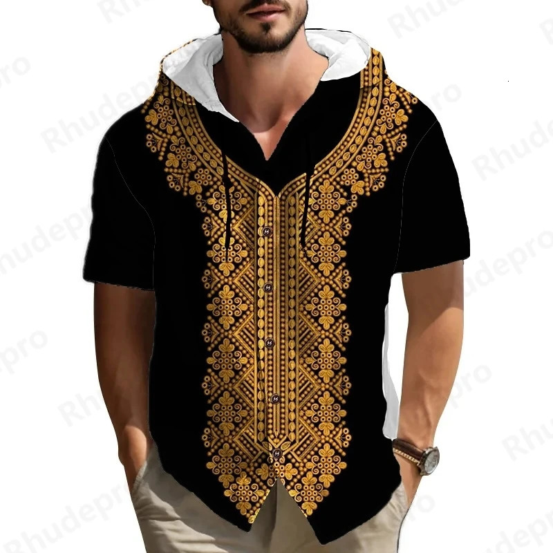 Summer Men 2025 Printed Shirt Streetwear Short Sleeve National Style Hoodie Clothing For Male Casual Loose Button Man Shirts 250808