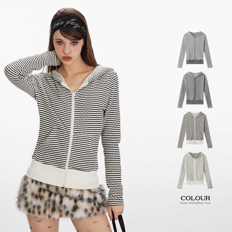 Heyhenry Striped And Spotted Reversible Design Hooded Cardigan Sweatshirt For Women Long Sleeve Short Style Ins B5