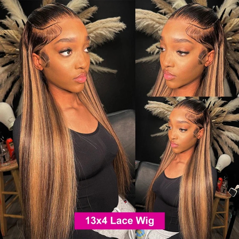 34Inch Bone Straight Highlight Lace Front Human Hair Ombre High Density 13x6 Honey Blonde Colored Gluelesss Wear And Go Wigs For Women