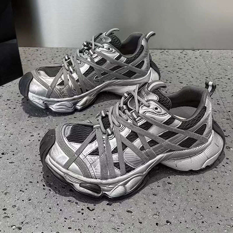 2025 New Spring Summer Genuine Leather Lace-up Height-increasing Sports Casual for Women Thick-soled Mesh Couple Style Breathable Dad Shoes