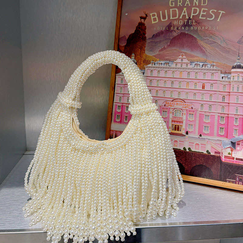 Socialite Elegant Pearl Bag New Chinese Style Banquet Handwoven Beaded Simple Pure White Handheld Underarm Bag
