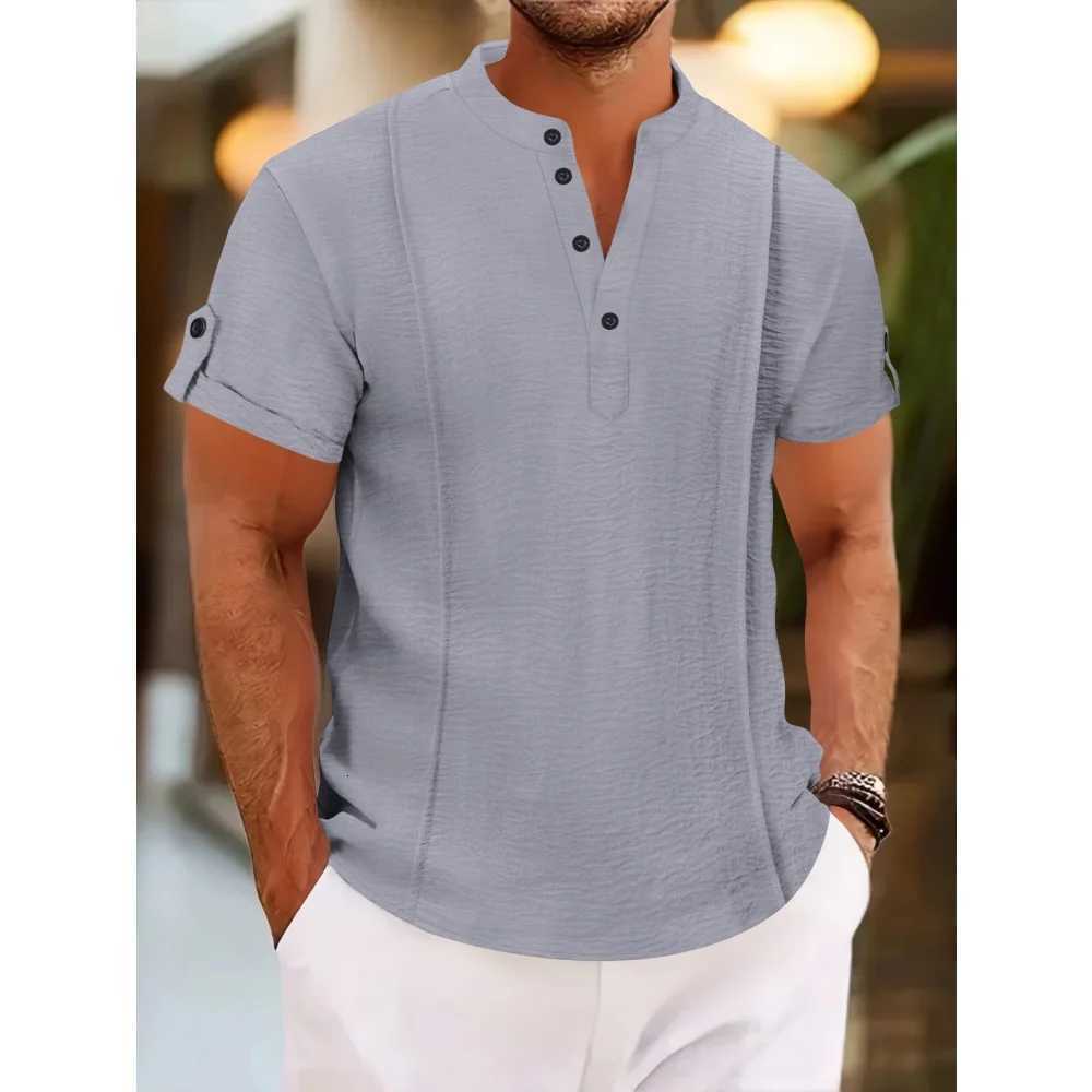 Mens summer new style standing collar short-sLeeved Shirts double button front casual outdoor beach wind solid color Tops Y250819