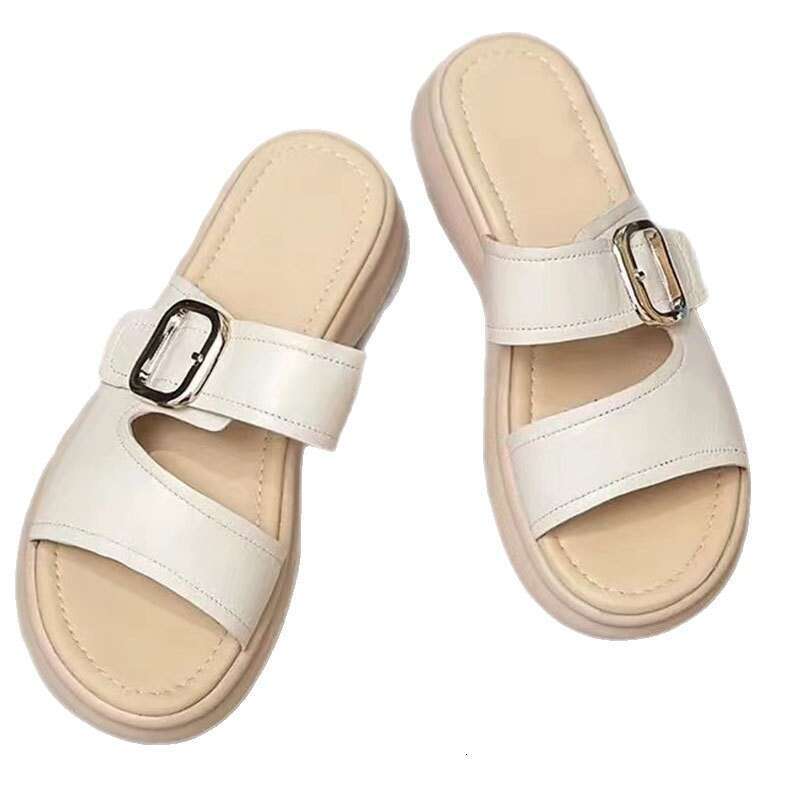 2025 New Top Layer Cowhide Sole Maternity Slippers Beach Soft Leather Fairy Style One-Strap Sandals for Women Summer Outdoor Wear