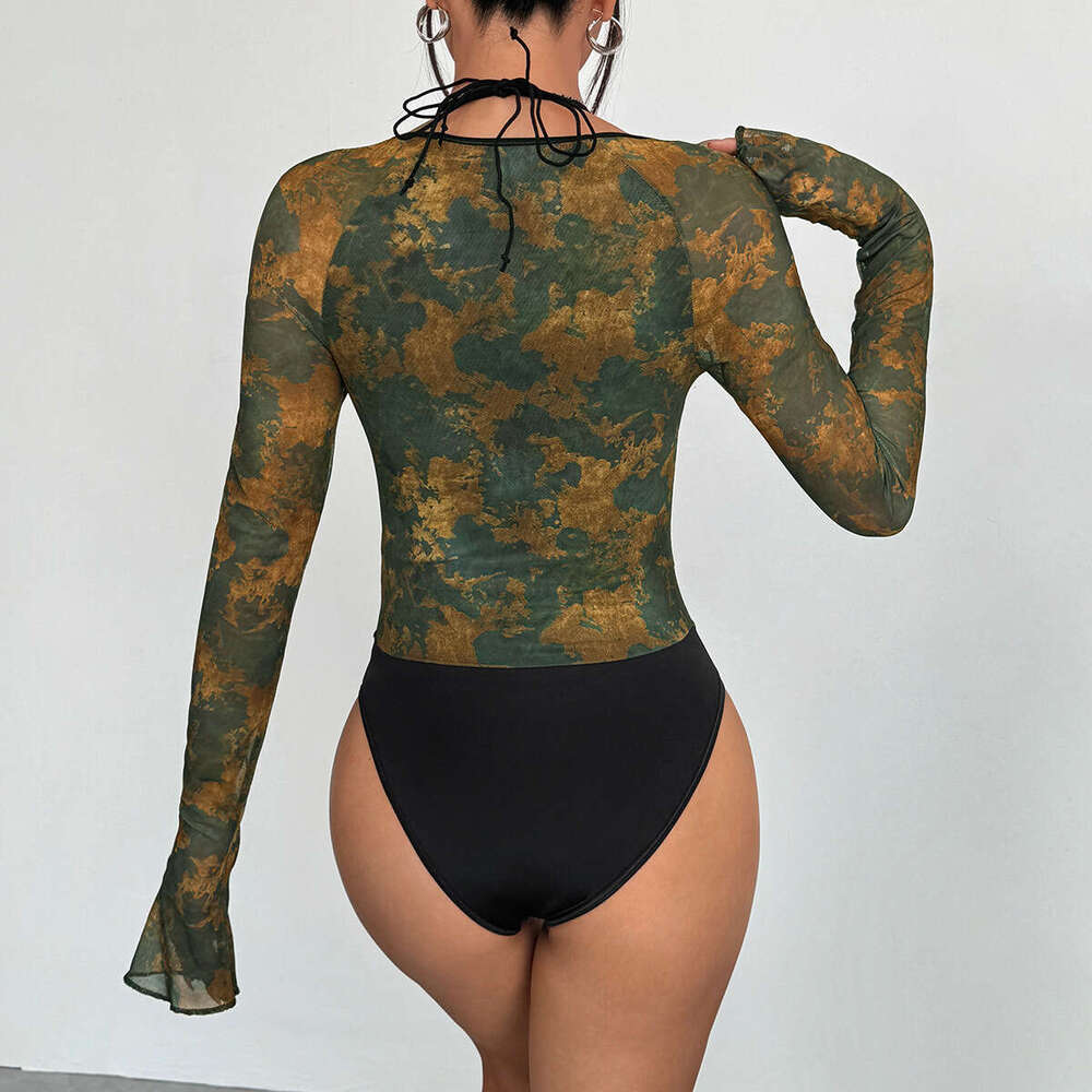 Autumn New Arrival Atmosphere Print Gradient Mesh Underwire Fishbone Flare Sleeve Waist-Cinching Halter Neck Jumpsuit